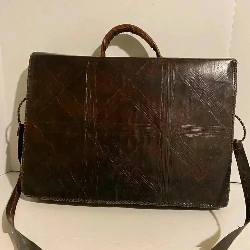 Handmade unsex brown leather briefcase bag
